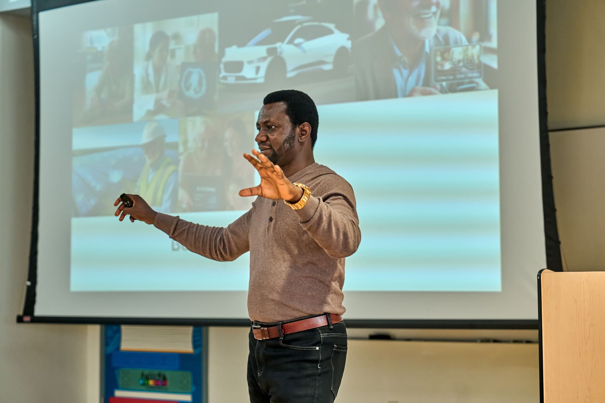 Instructor explaining AI concepts during a presentation